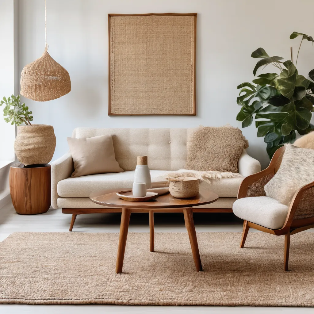 Warm Minimalist Living Room Interior With Fabric Sofa, Wood Furniture And Woven Decor