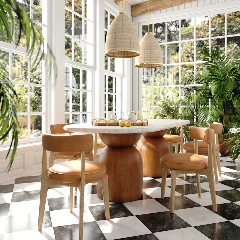 Wood Base Marble Dining Table And Leather Dining Chairs